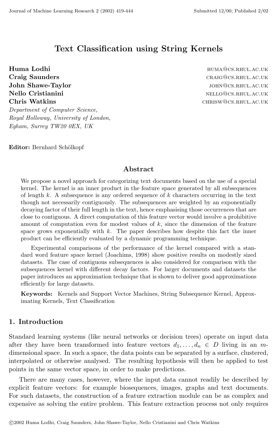Text Classification using String Kernels