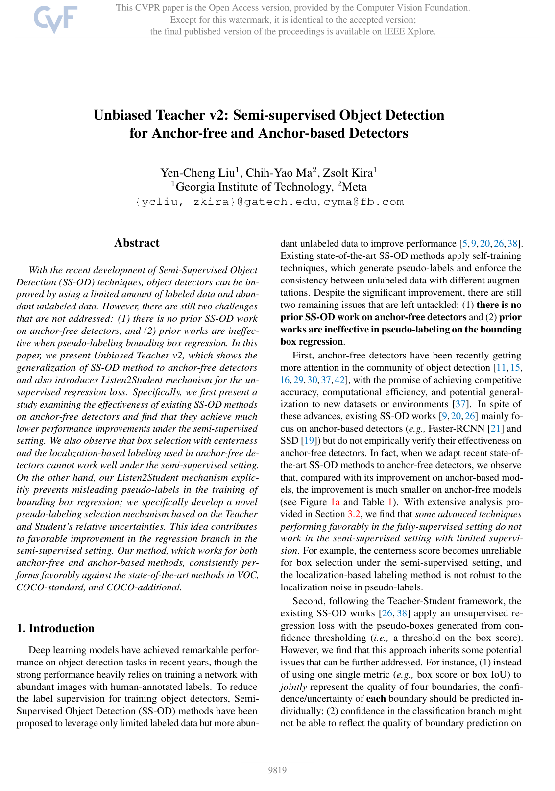 Cover for Unbiased Teacher v2: Semi-supervised Object Detection for Anchor-free and Anchor-based Detectors