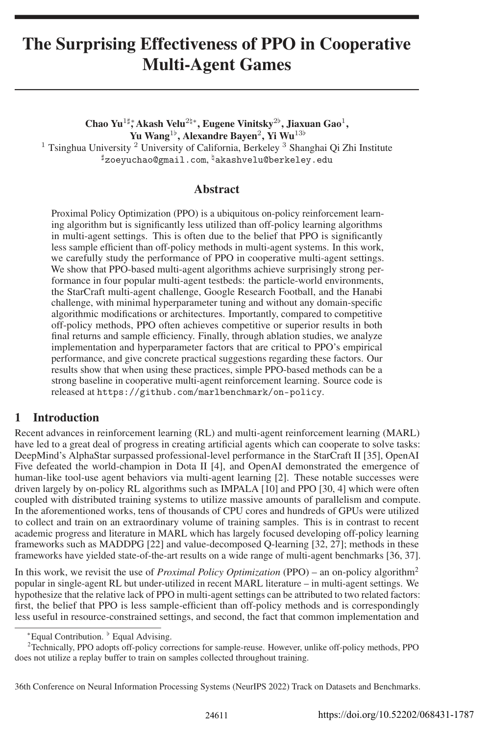 Cover for The Surprising Effectiveness of PPO in Cooperative Multi-Agent Games