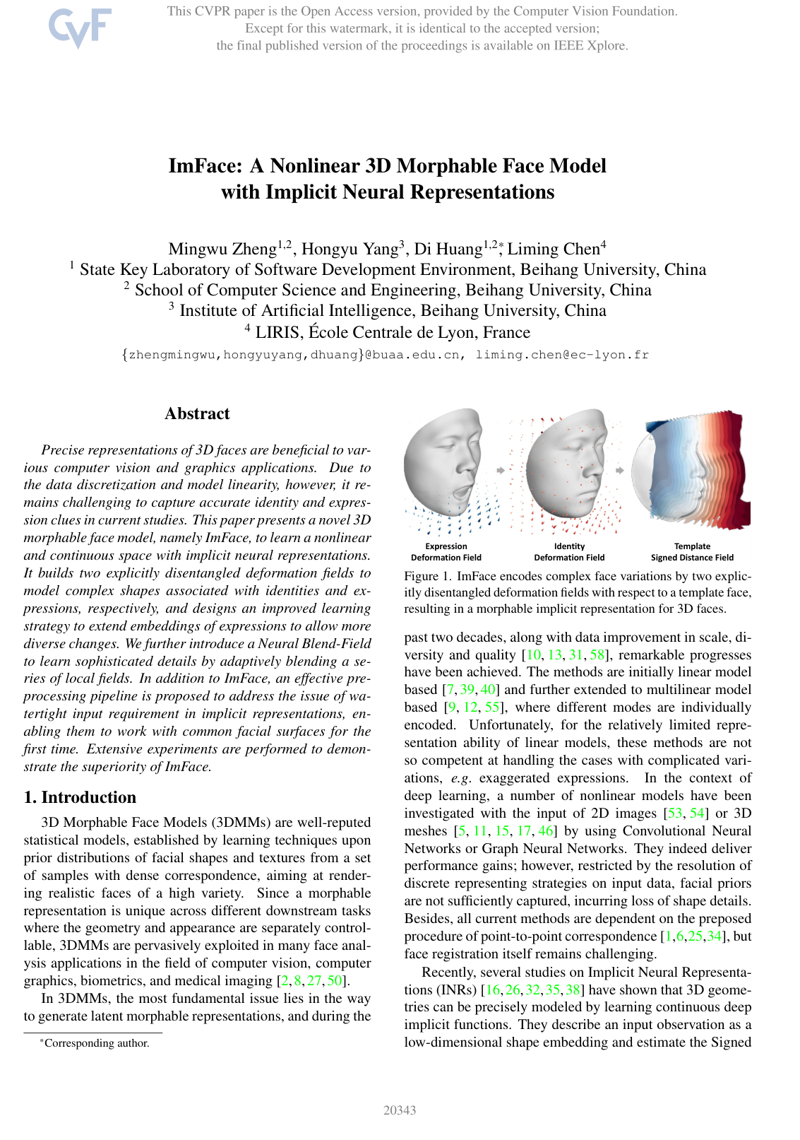 ImFace: A Nonlinear 3D Morphable Face Model with Implicit Neural Representations