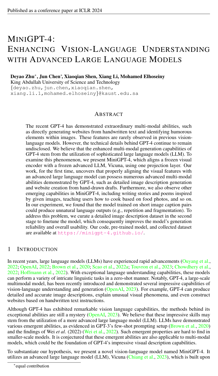 MiniGPT-4: Enhancing Vision-Language Understanding with Advanced Large Language Models