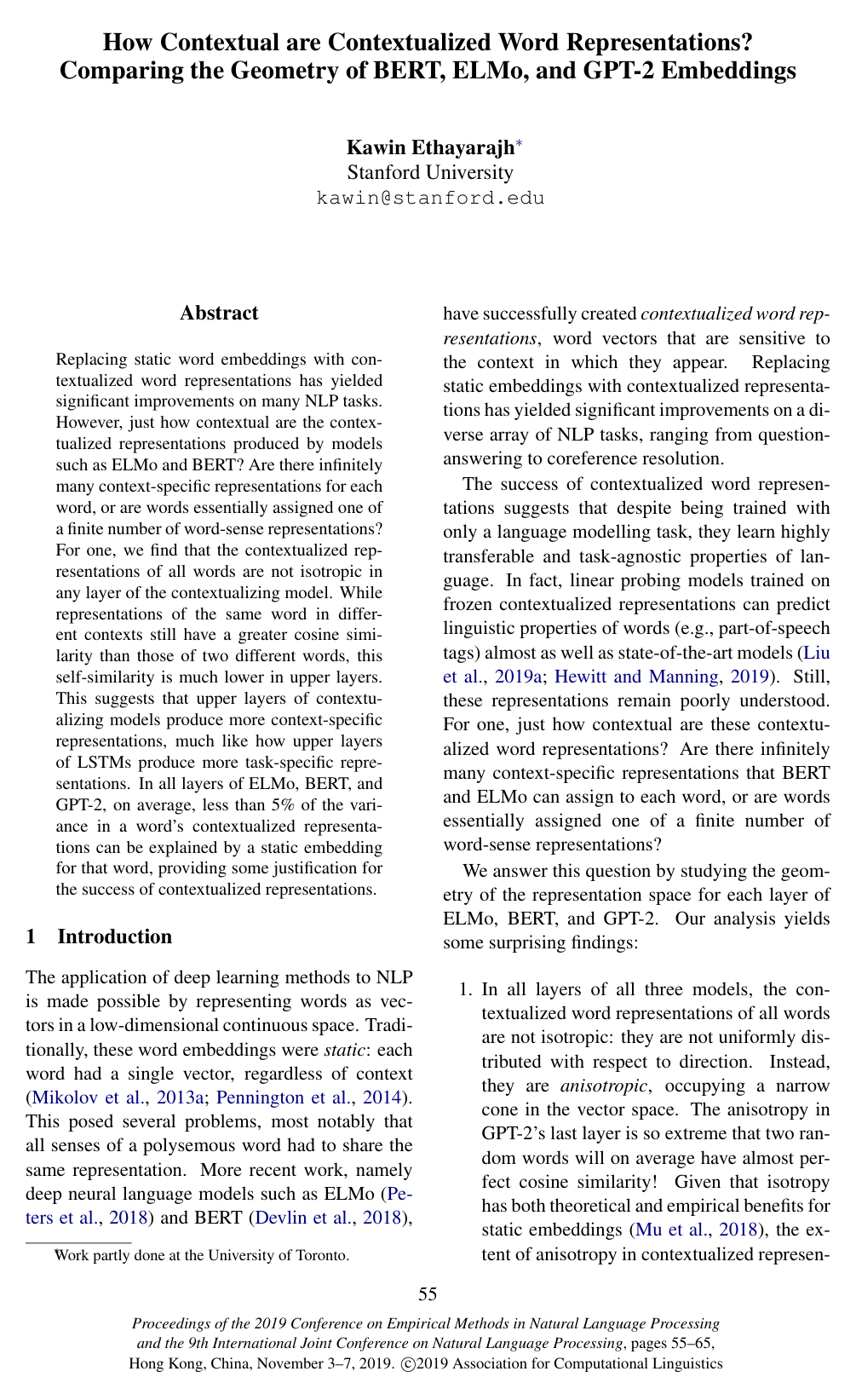 Cover for How Contextual are Contextualized Word Representations? Comparing the Geometry of BERT, ELMo, and GPT-2 Embeddings