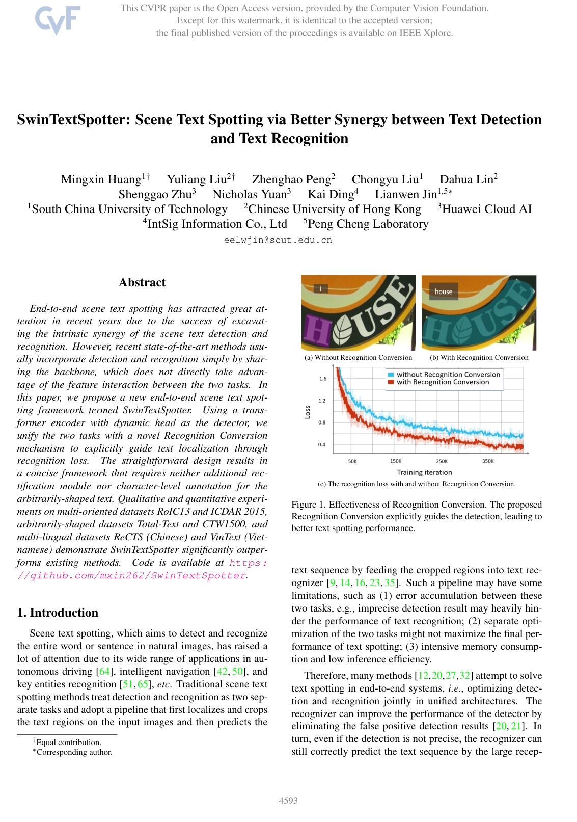 SwinTextSpotter: Scene Text Spotting via Better Synergy between Text Detection and Text Recognition