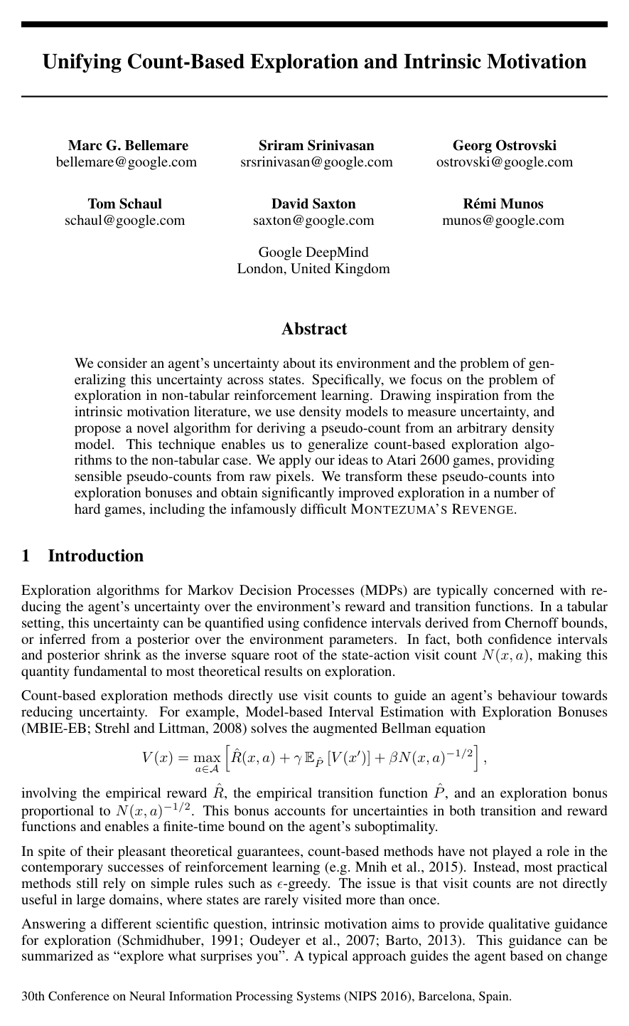 Unifying Count-Based Exploration and Intrinsic Motivation