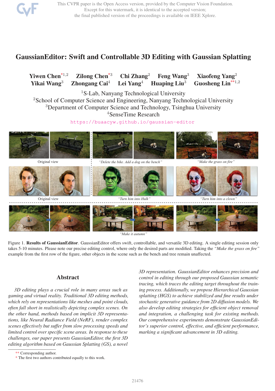 Cover for GaussianEditor: Swift and Controllable 3D Editing with Gaussian Splatting