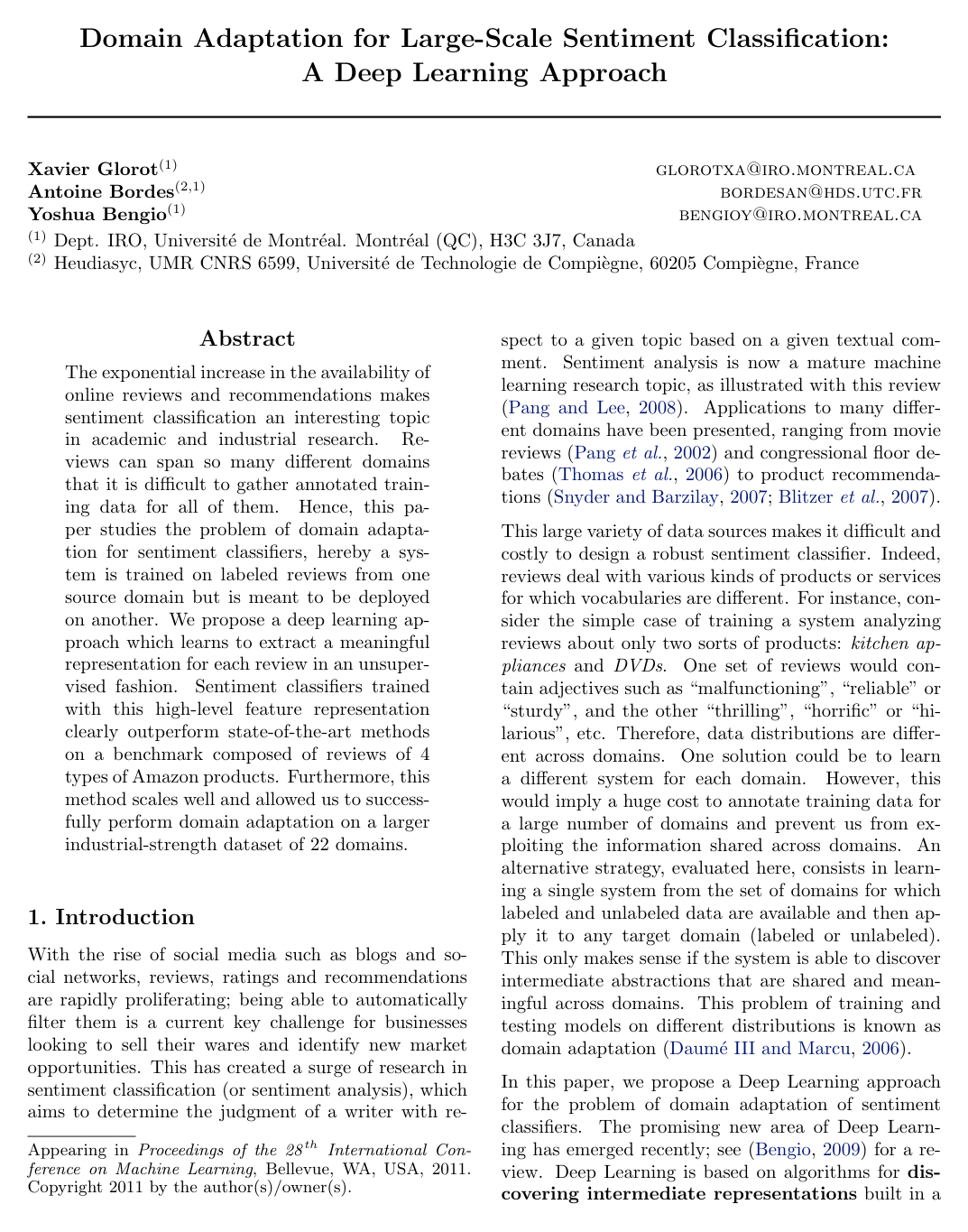 Domain Adaptation for Large-Scale Sentiment Classification: A Deep Learning Approach