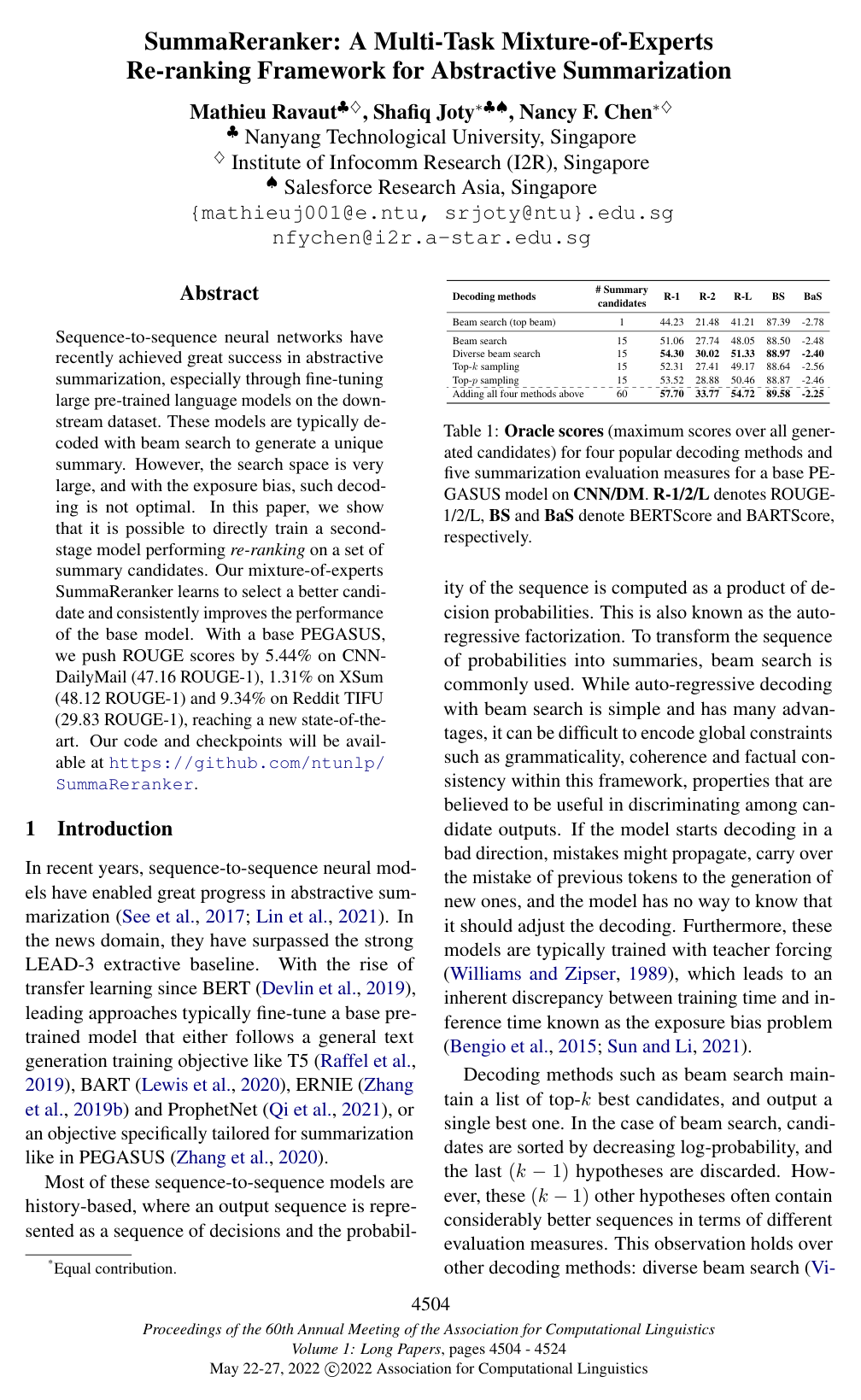 Cover for SummaReranker: A Multi-Task Mixture-of-Experts Re-ranking Framework for Abstractive Summarization
