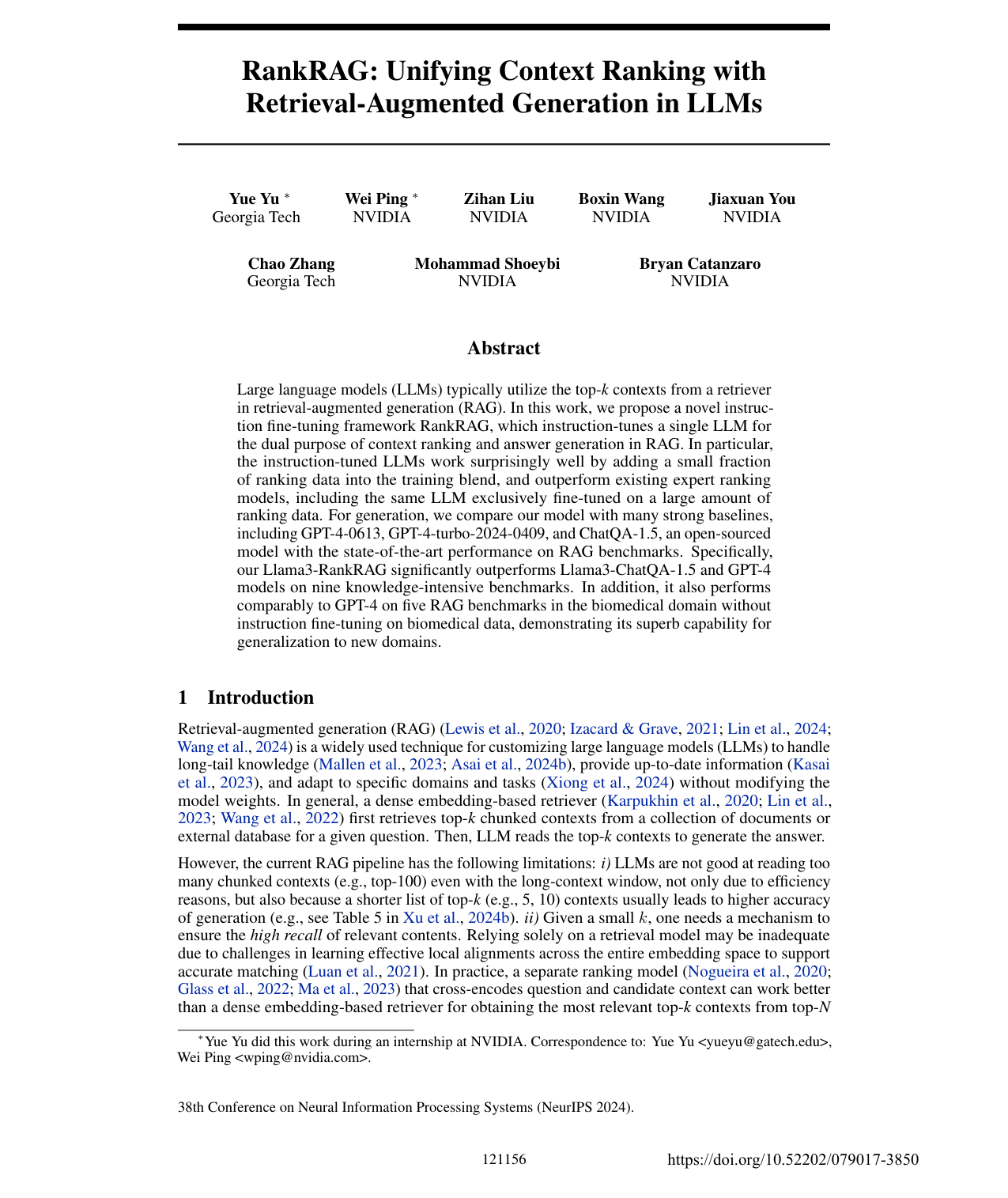 Cover for RankRAG: Unifying Context Ranking with Retrieval-Augmented Generation in LLMs