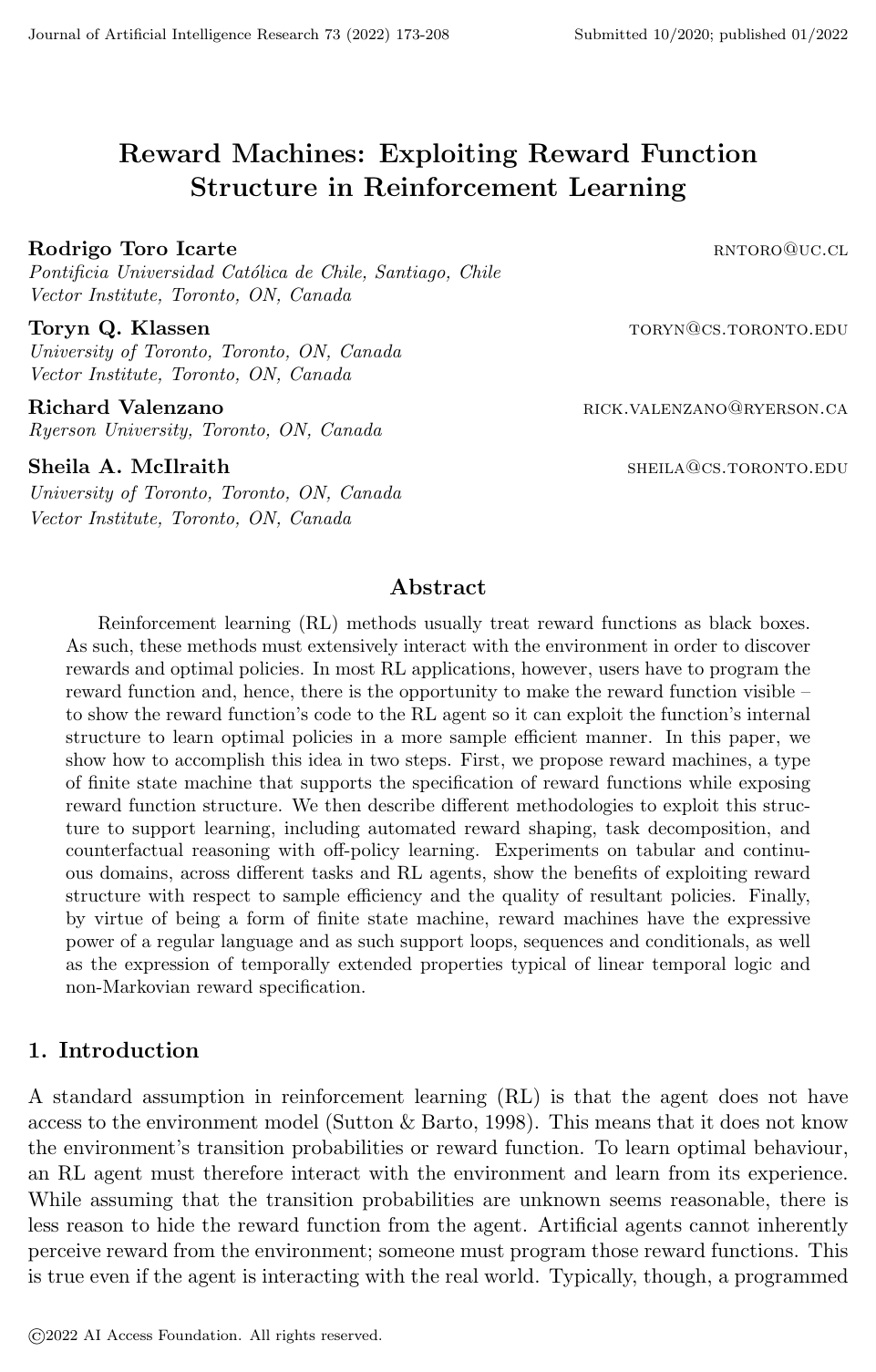 Cover for Reward Machines: Exploiting Reward Function Structure in Reinforcement Learning