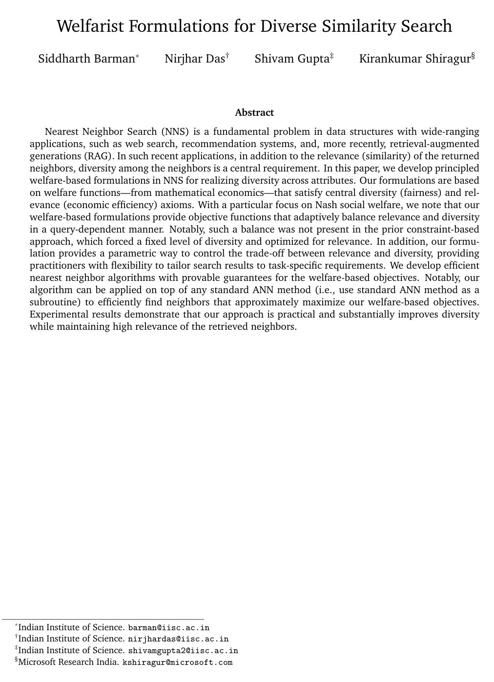 Cover for Welfarist Formulations for Diverse Similarity Search