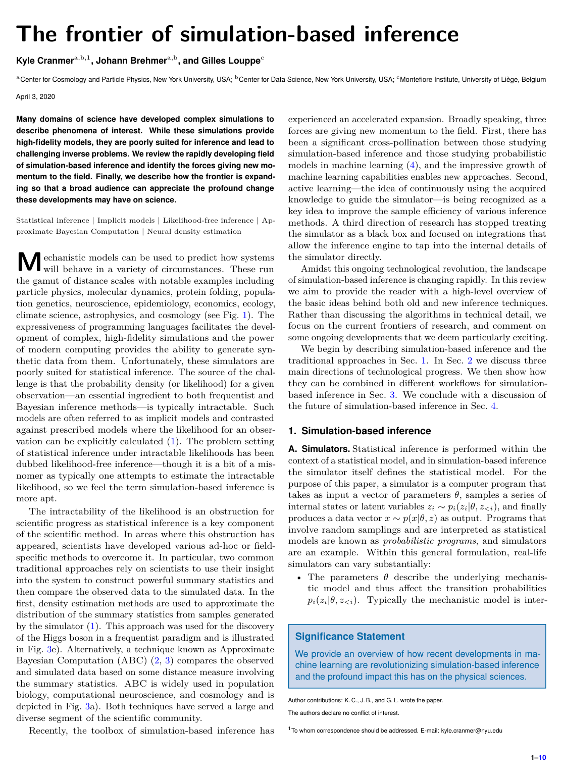 Cover for The frontier of simulation-based inference