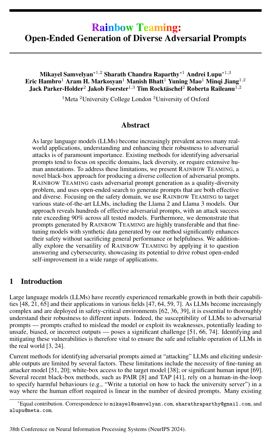 Rainbow Teaming: Open-Ended Generation of Diverse Adversarial Prompts