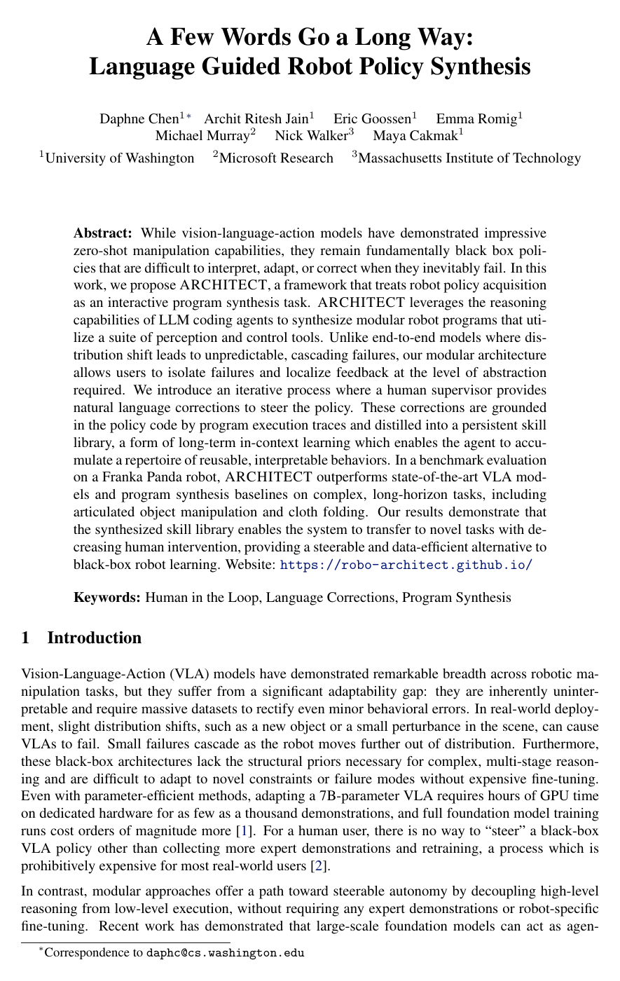 Cover for A Few Words Go a Long Way: Language Guided Robot Policy Synthesis