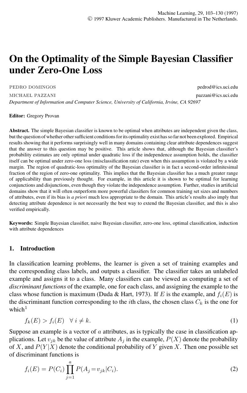 Cover for On the Optimality of the Simple Bayesian Classifier under Zero-One Loss