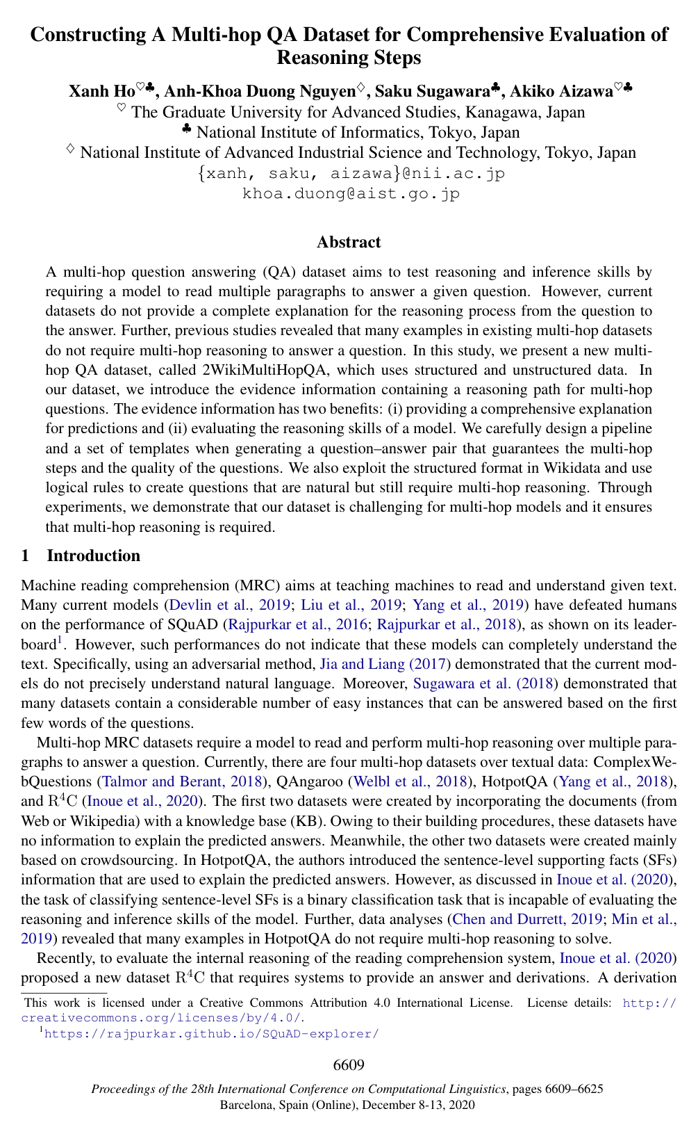 Constructing A Multi-hop QA Dataset for Comprehensive Evaluation of Reasoning Steps