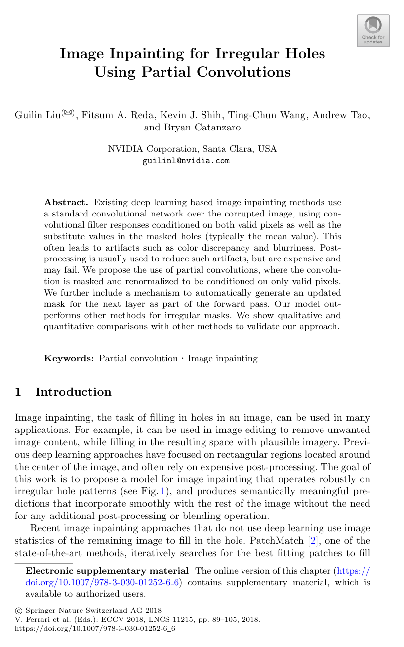 Image Inpainting for Irregular Holes Using Partial Convolutions