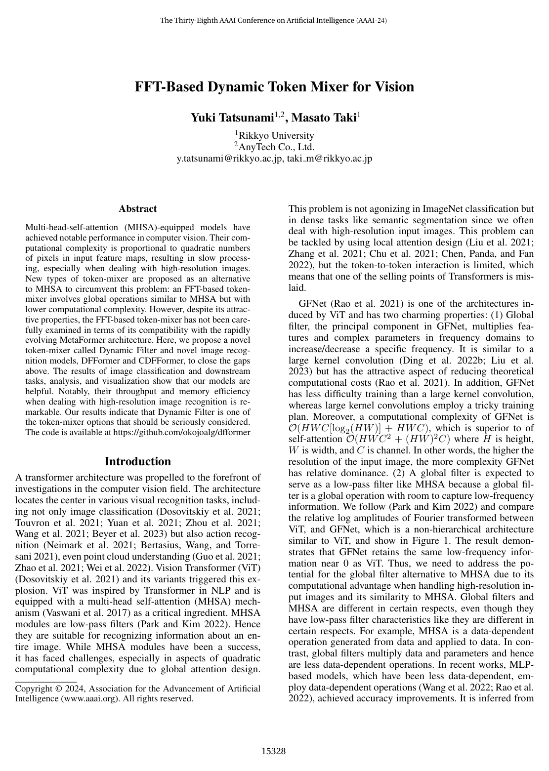 Cover for FFT-Based Dynamic Token Mixer for Vision