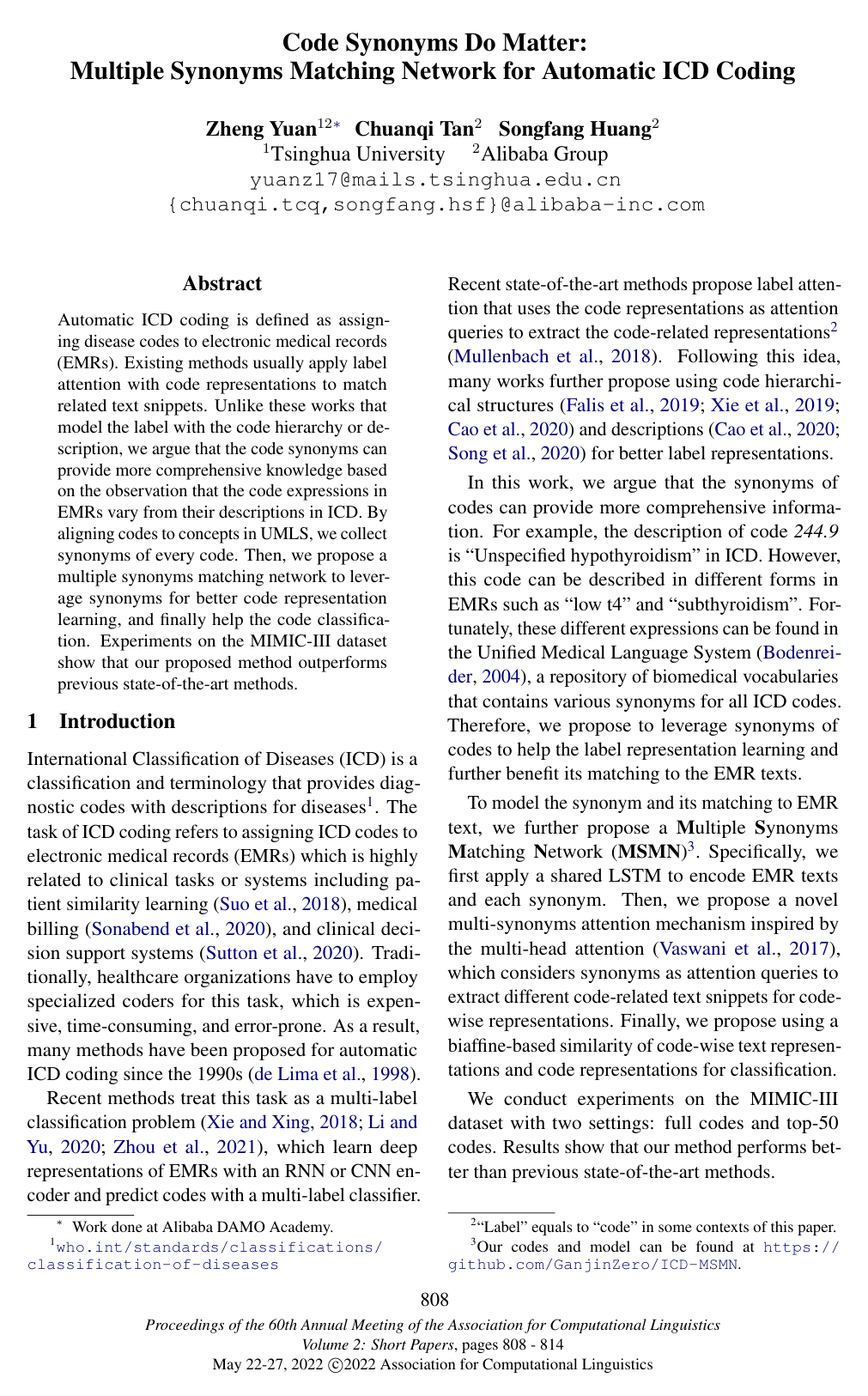Code Synonyms Do Matter: Multiple Synonyms Matching Network for Automatic ICD Coding
