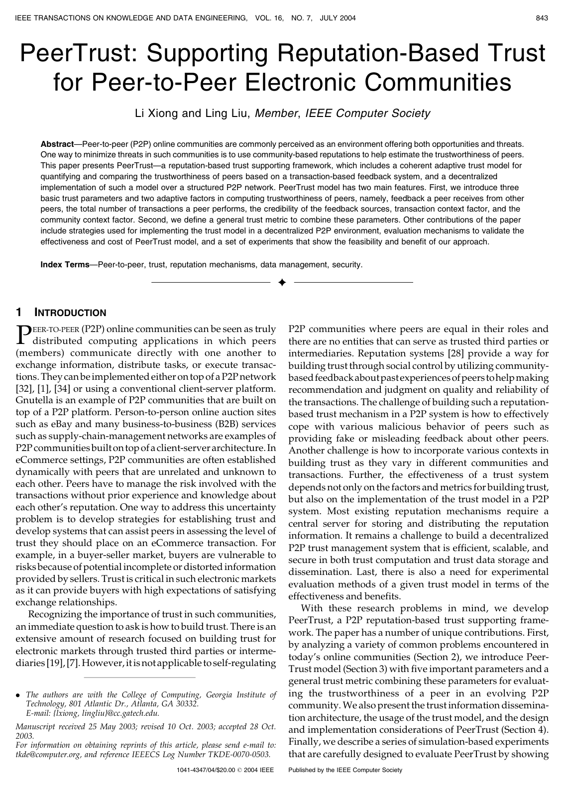 Cover for PeerTrust: supporting reputation-based trust for peer-to-peer electronic communities