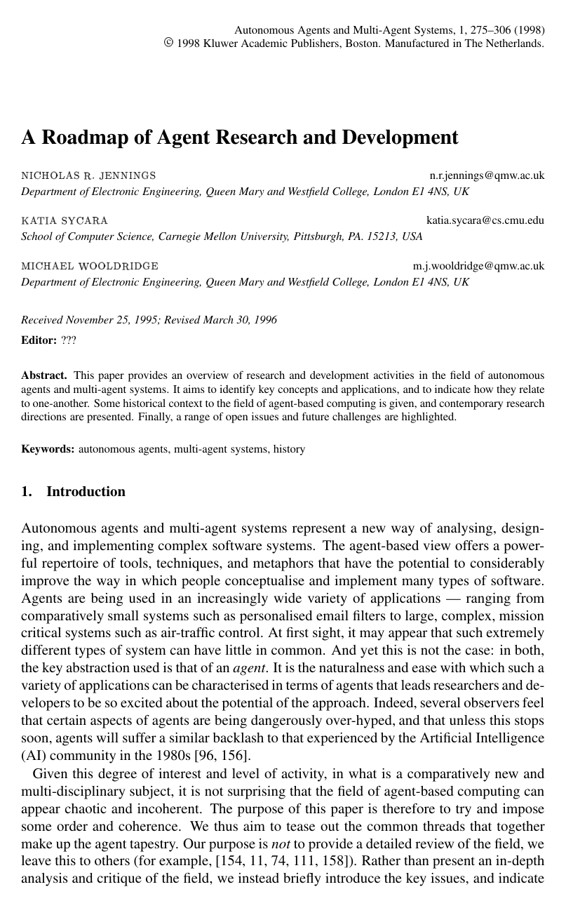 Cover for A Roadmap of Agent Research and Development