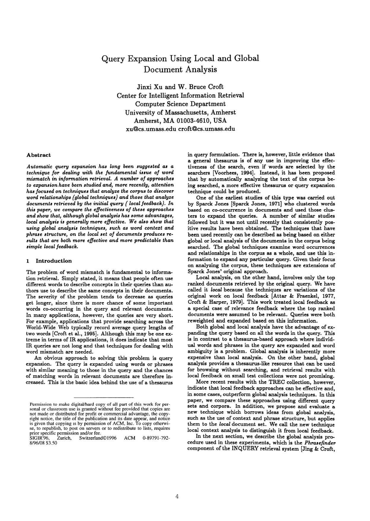 Cover for Query expansion using local and global document analysis
