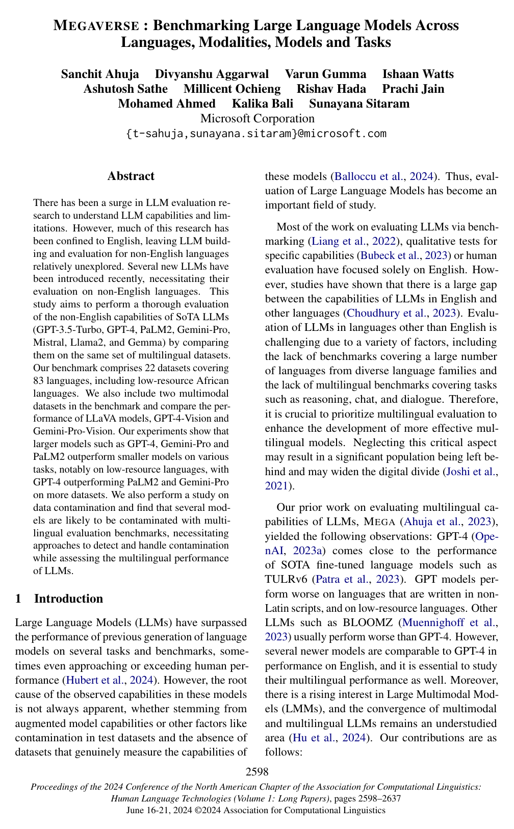 Cover for MEGAVERSE: Benchmarking Large Language Models Across Languages, Modalities, Models and Tasks