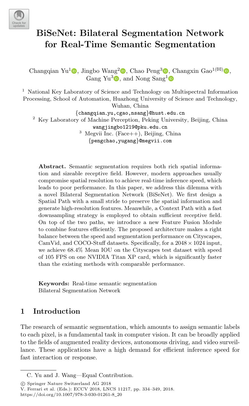 BiSeNet: Bilateral Segmentation Network for Real-time Semantic Segmentation