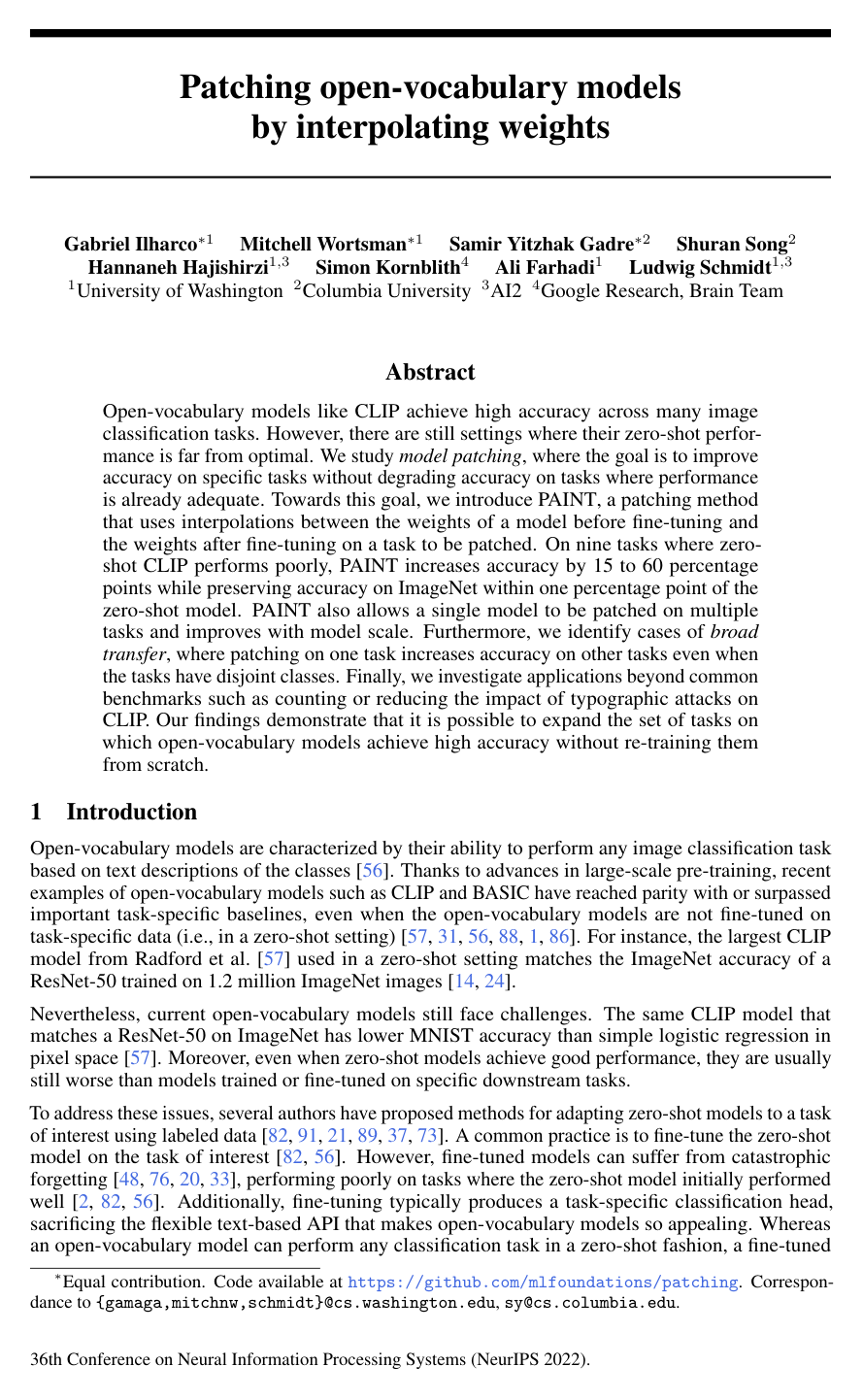 Patching open-vocabulary models by interpolating weights