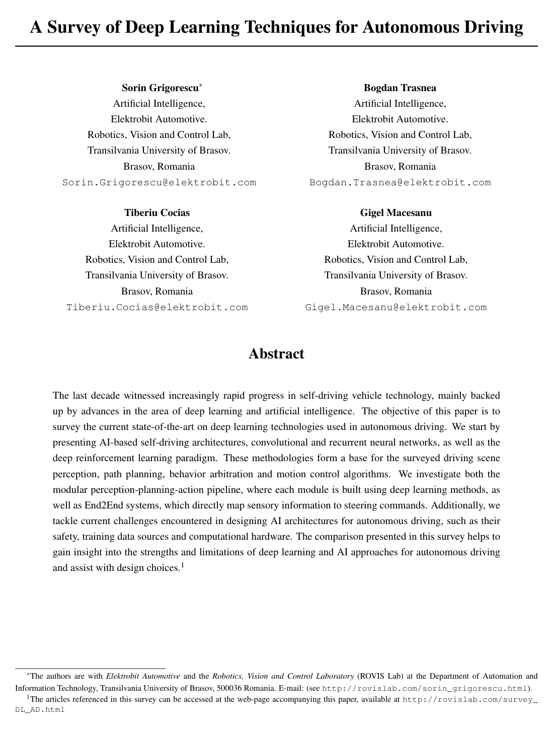 Cover for A survey of deep learning techniques for autonomous driving