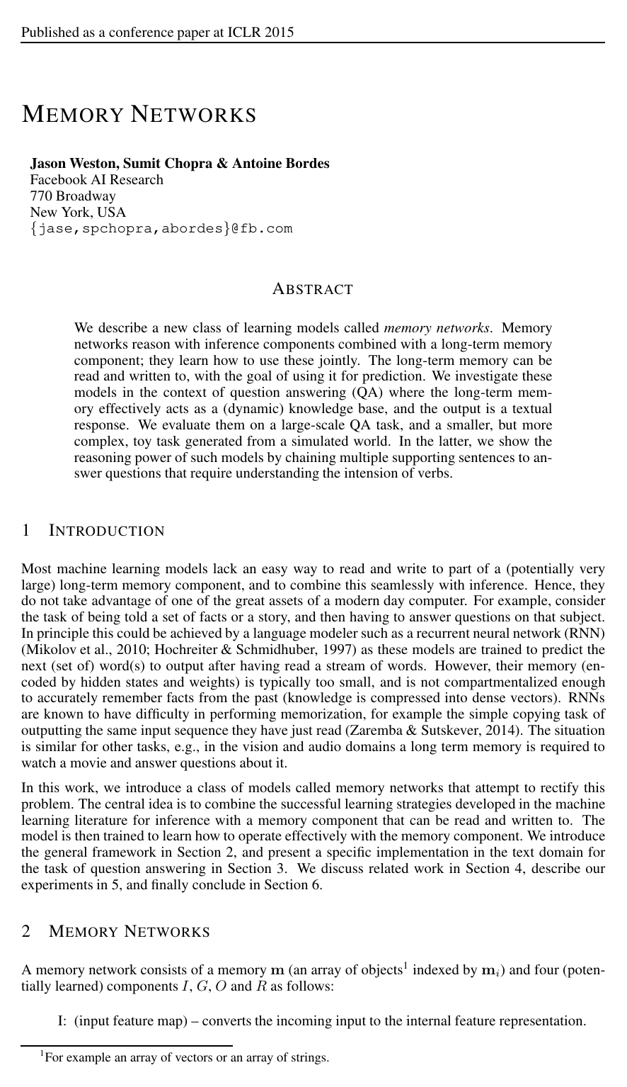 Cover for Memory Networks