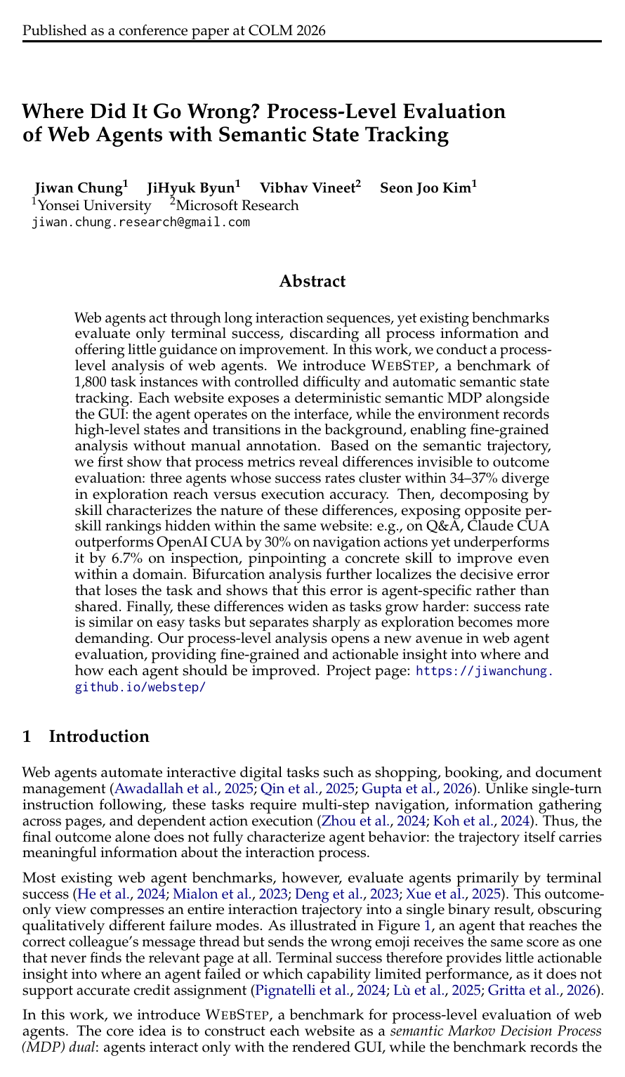 Cover for Where Did It Go Wrong? Process-Level Evaluation of Web Agents with Semantic State Tracking