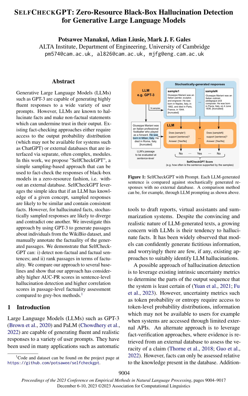SelfCheckGPT: Zero-Resource Black-Box Hallucination Detection for Generative Large Language Models