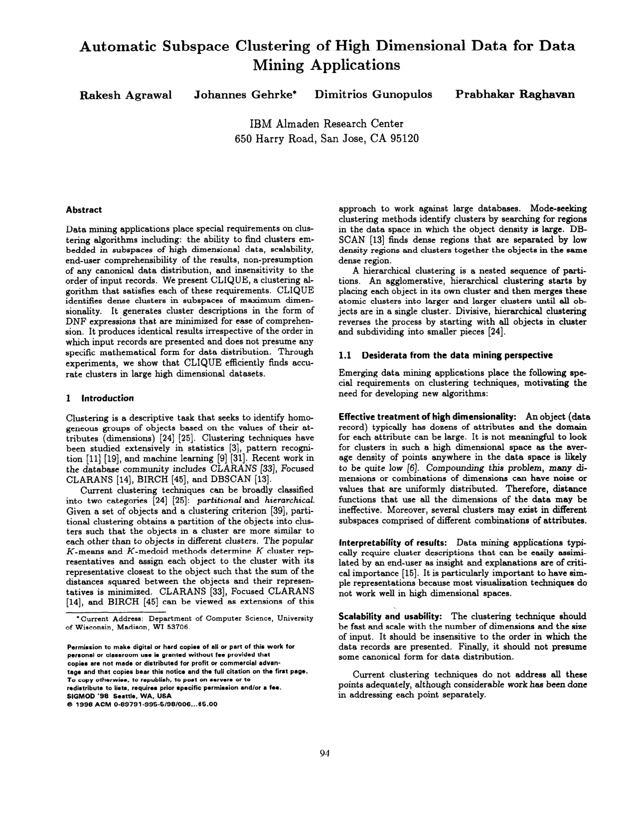 Cover for Automatic subspace clustering of high dimensional data for data mining applications