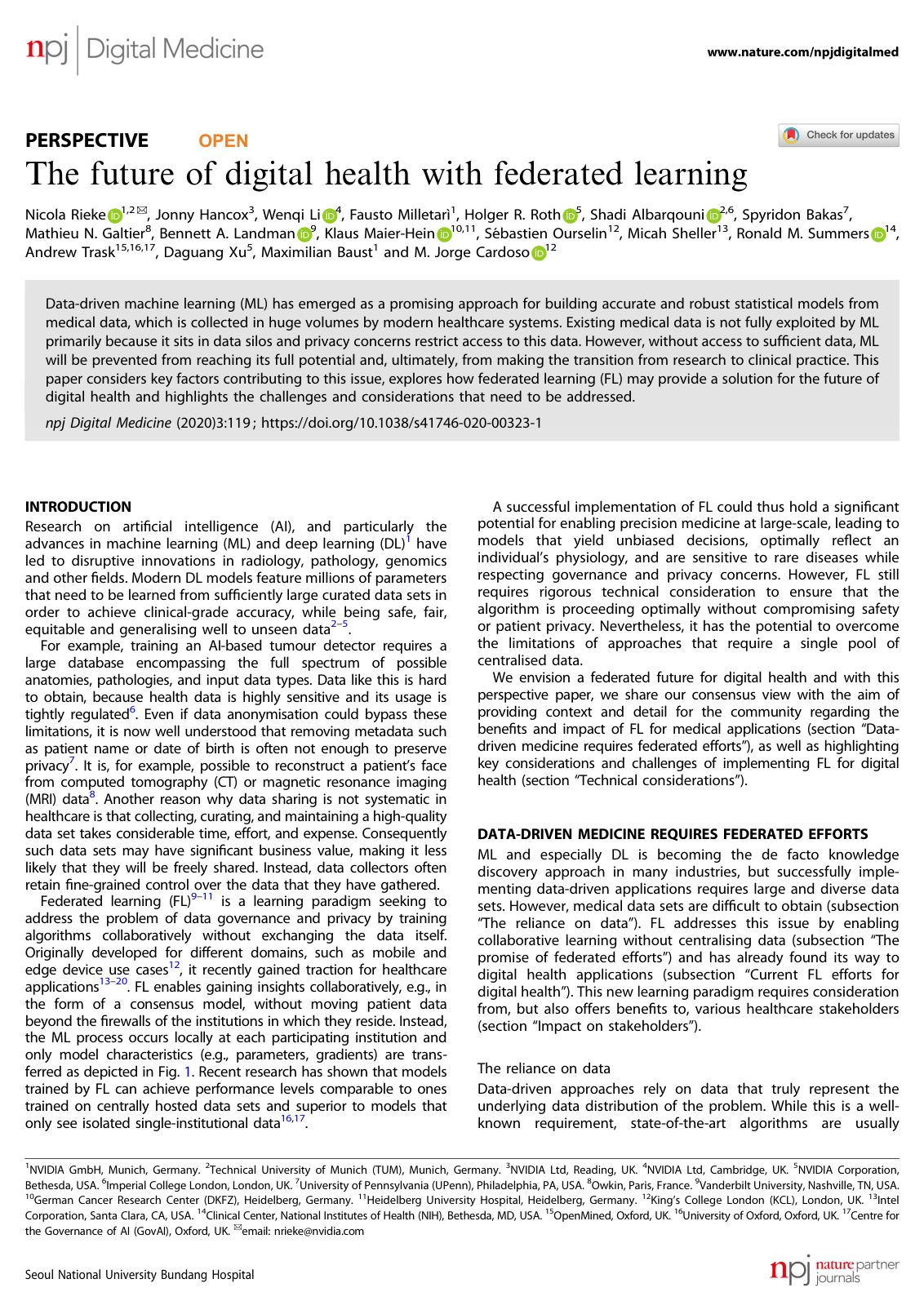 Cover for The future of digital health with federated learning