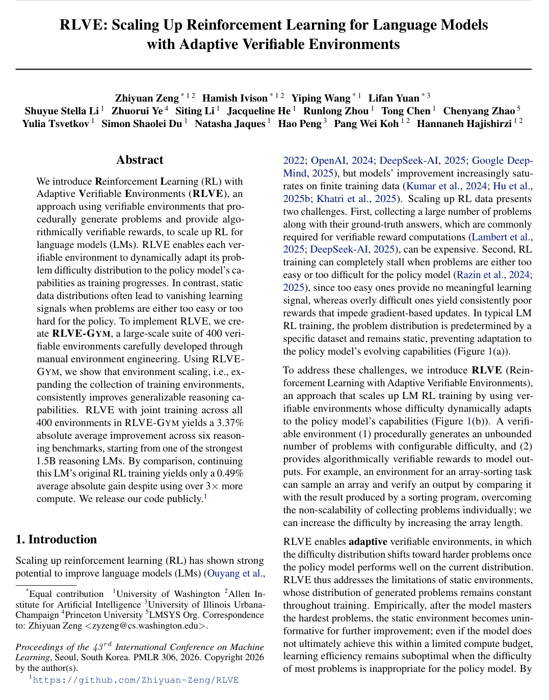 RLVE: Scaling Up Reinforcement Learning for Language Models with Adaptive Verifiable Environments