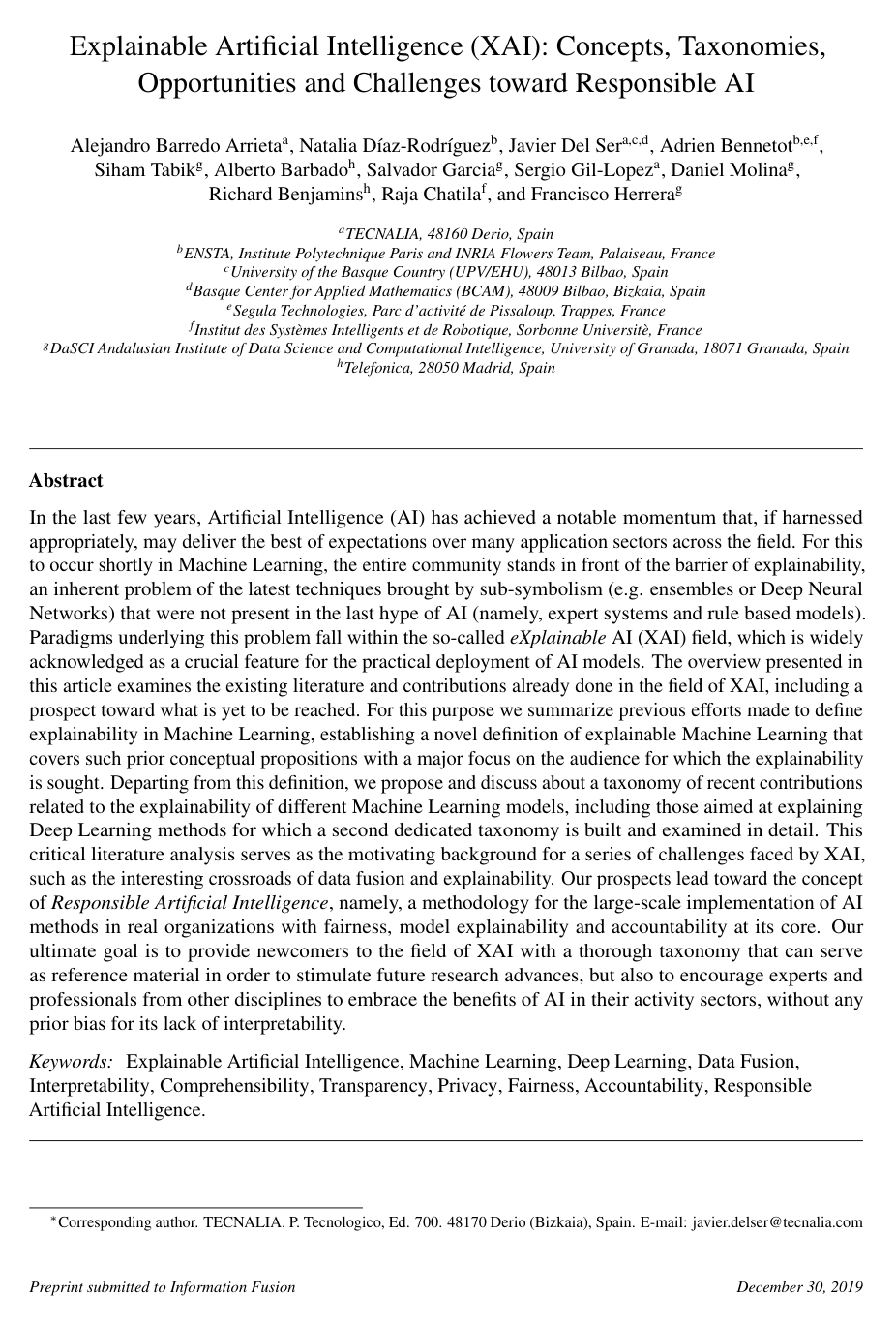 Explainable Artificial Intelligence (XAI): Concepts, Taxonomies, Opportunities and Challenges toward Responsible AI