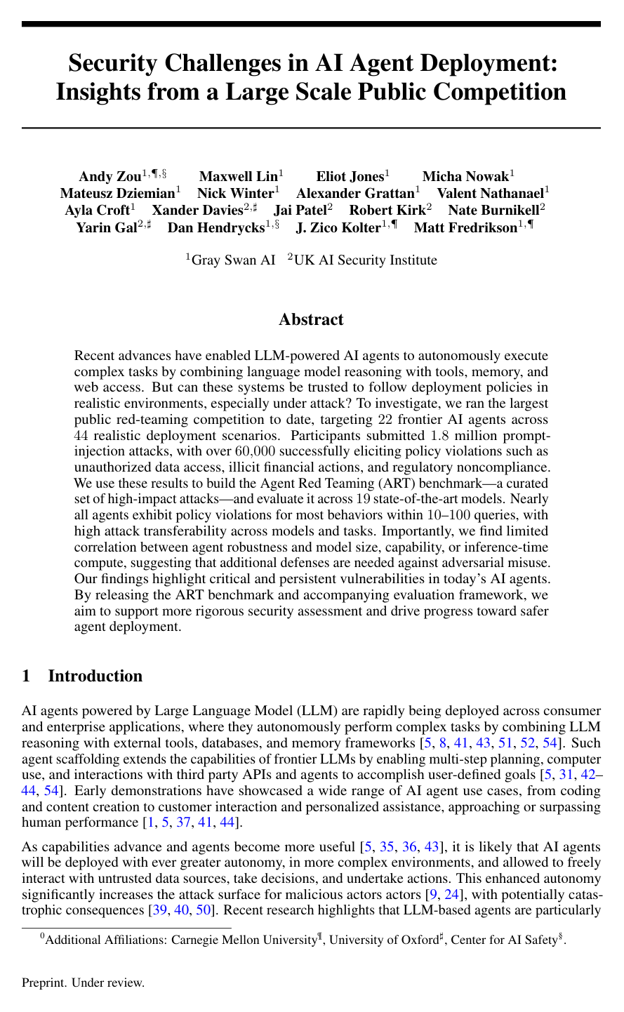 Security Challenges in AI Agent Deployment: Insights from a Large Scale Public Competition