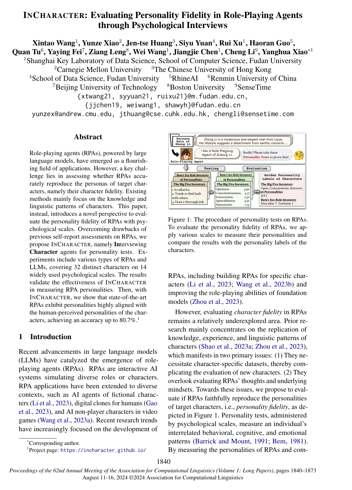Cover for InCharacter: Evaluating Personality Fidelity in Role-Playing Agents through Psychological Interviews