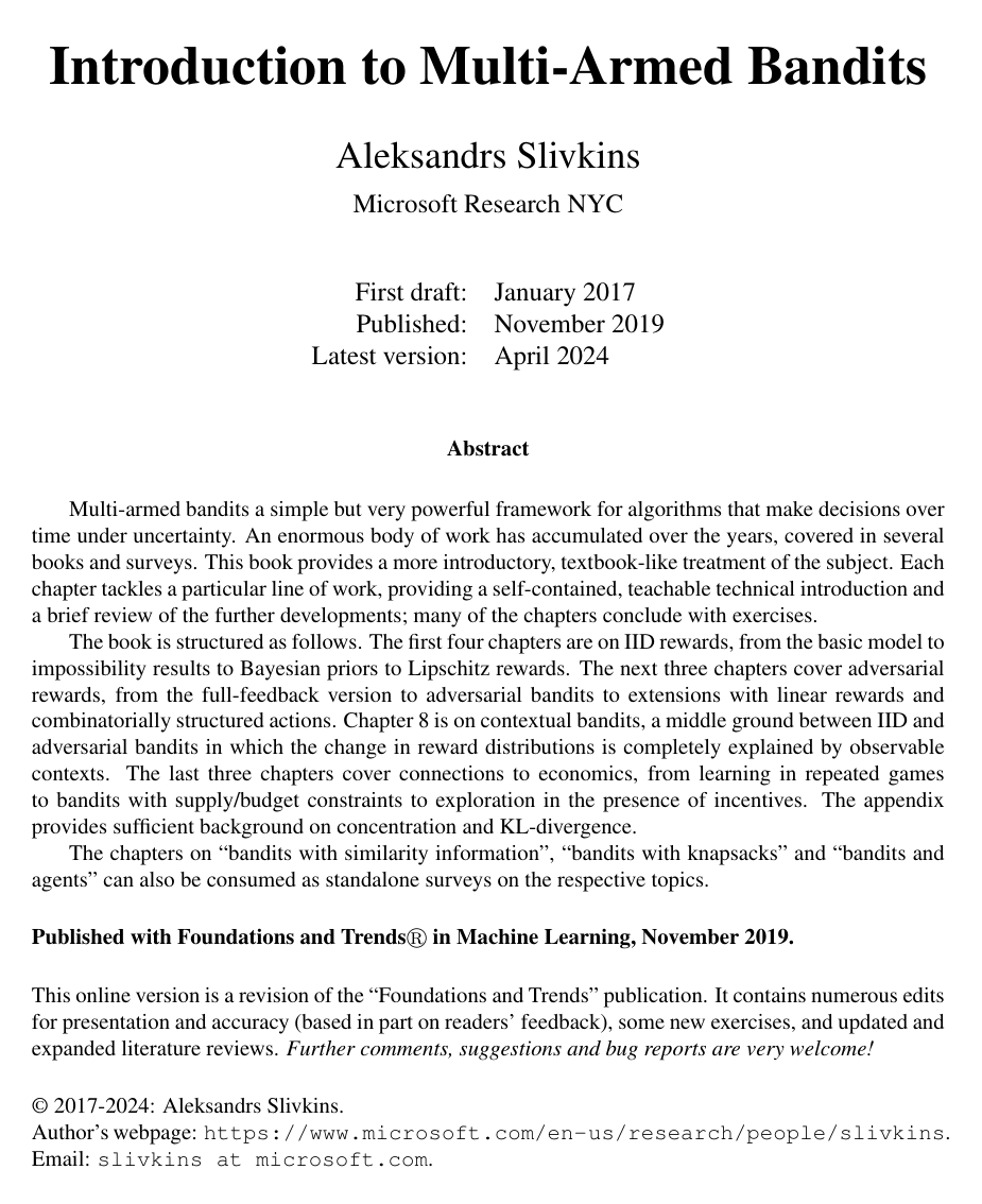 Cover for Introduction to Multi-Armed Bandits