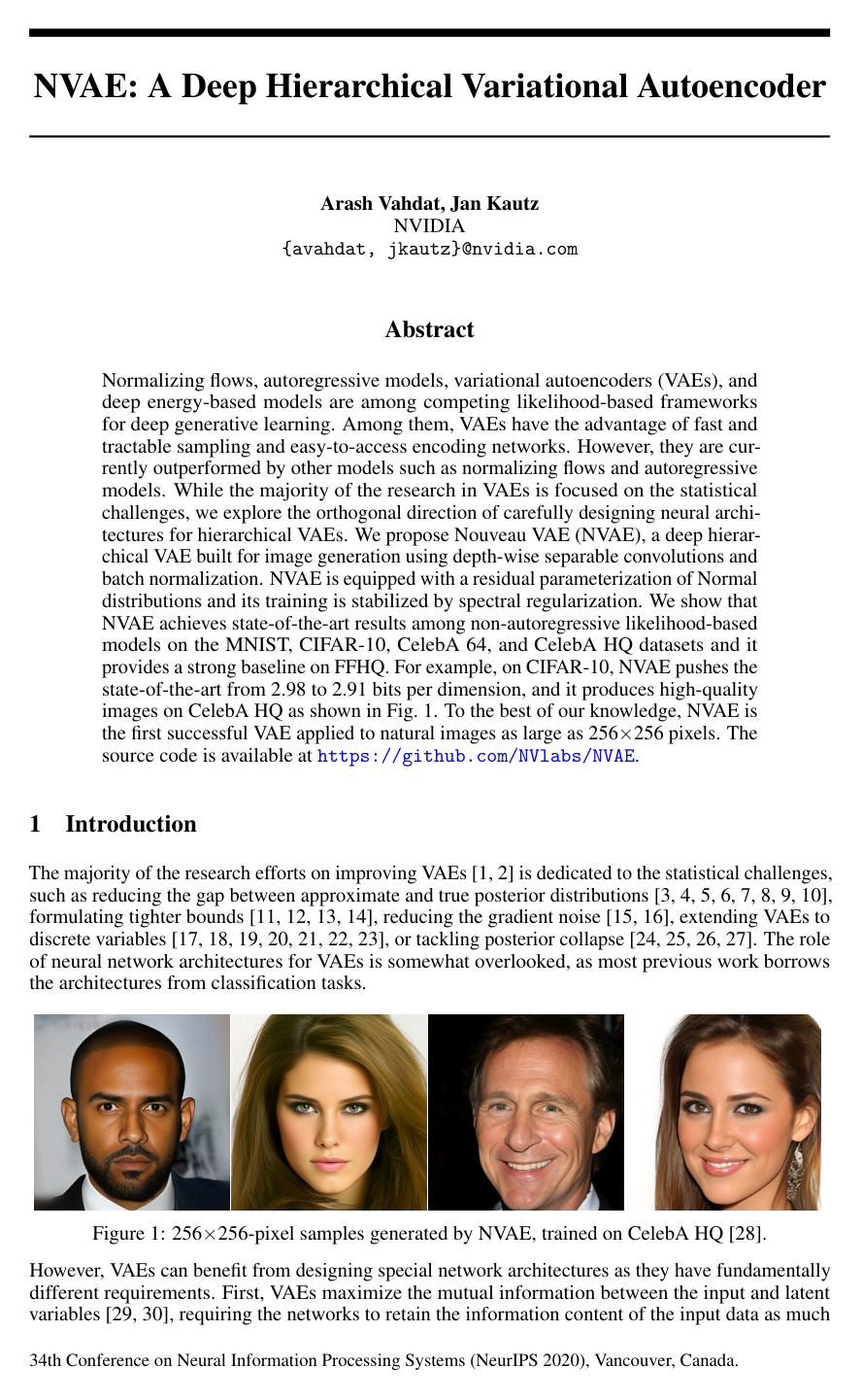 NVAE: A Deep Hierarchical Variational Autoencoder