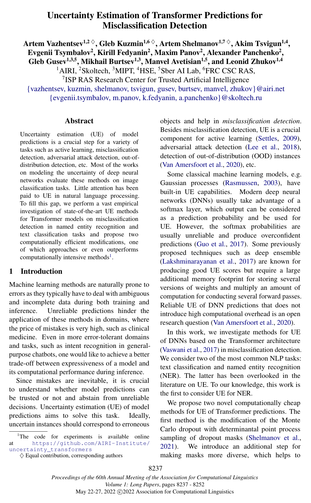 Cover for Uncertainty Estimation of Transformer Predictions for Misclassification Detection