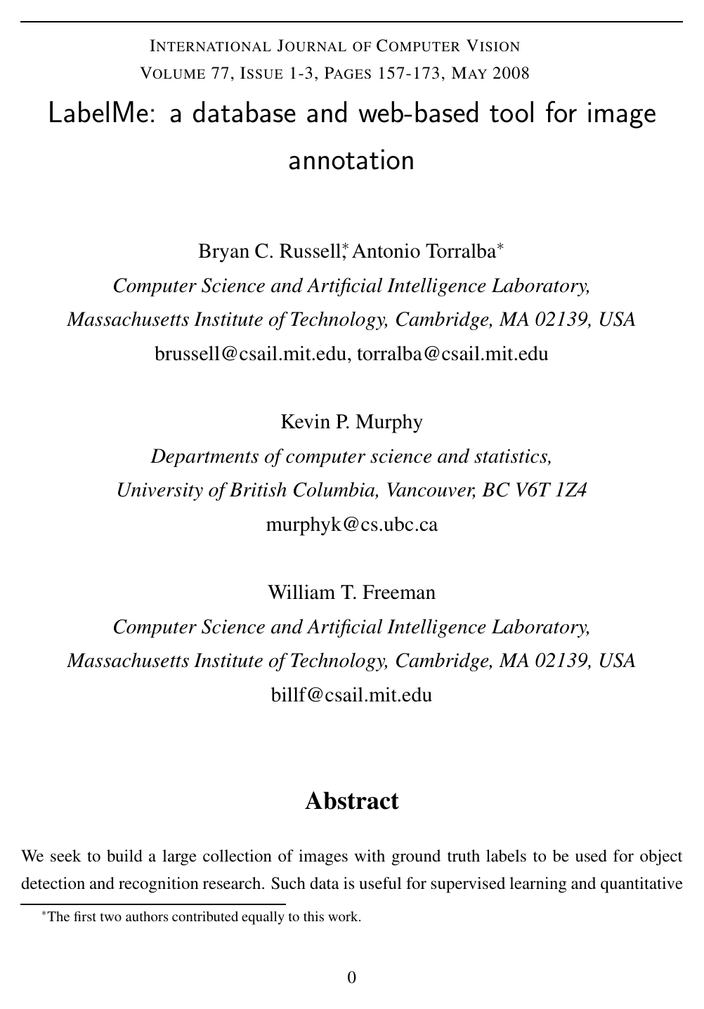 LabelMe: A Database and Web-Based Tool for Image Annotation