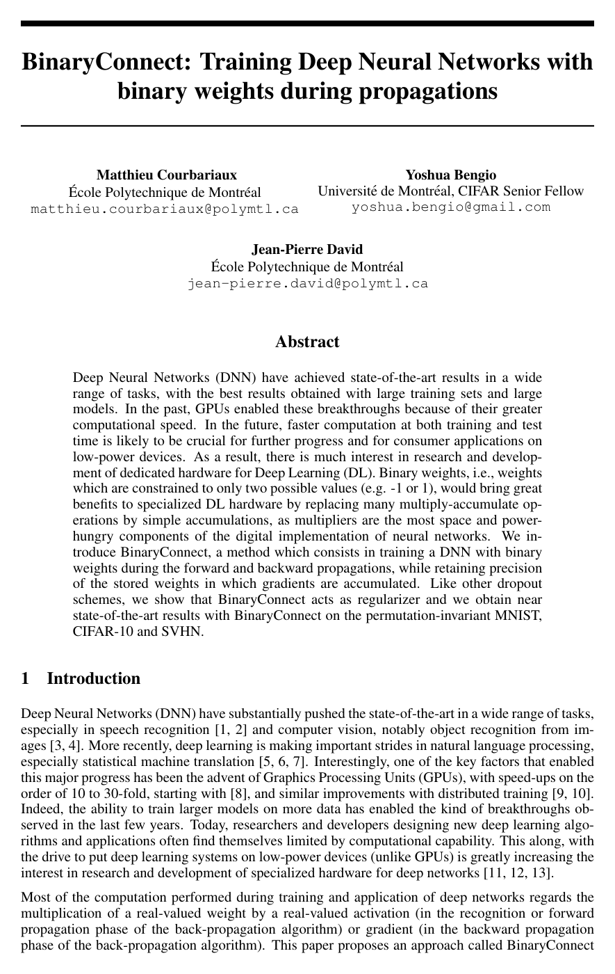 Cover for BinaryConnect: Training Deep Neural Networks with binary weights during propagations