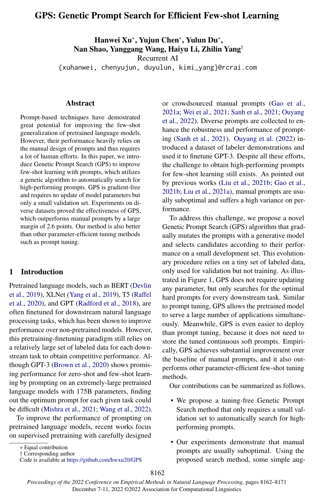GPS: Genetic Prompt Search for Efficient Few-Shot Learning