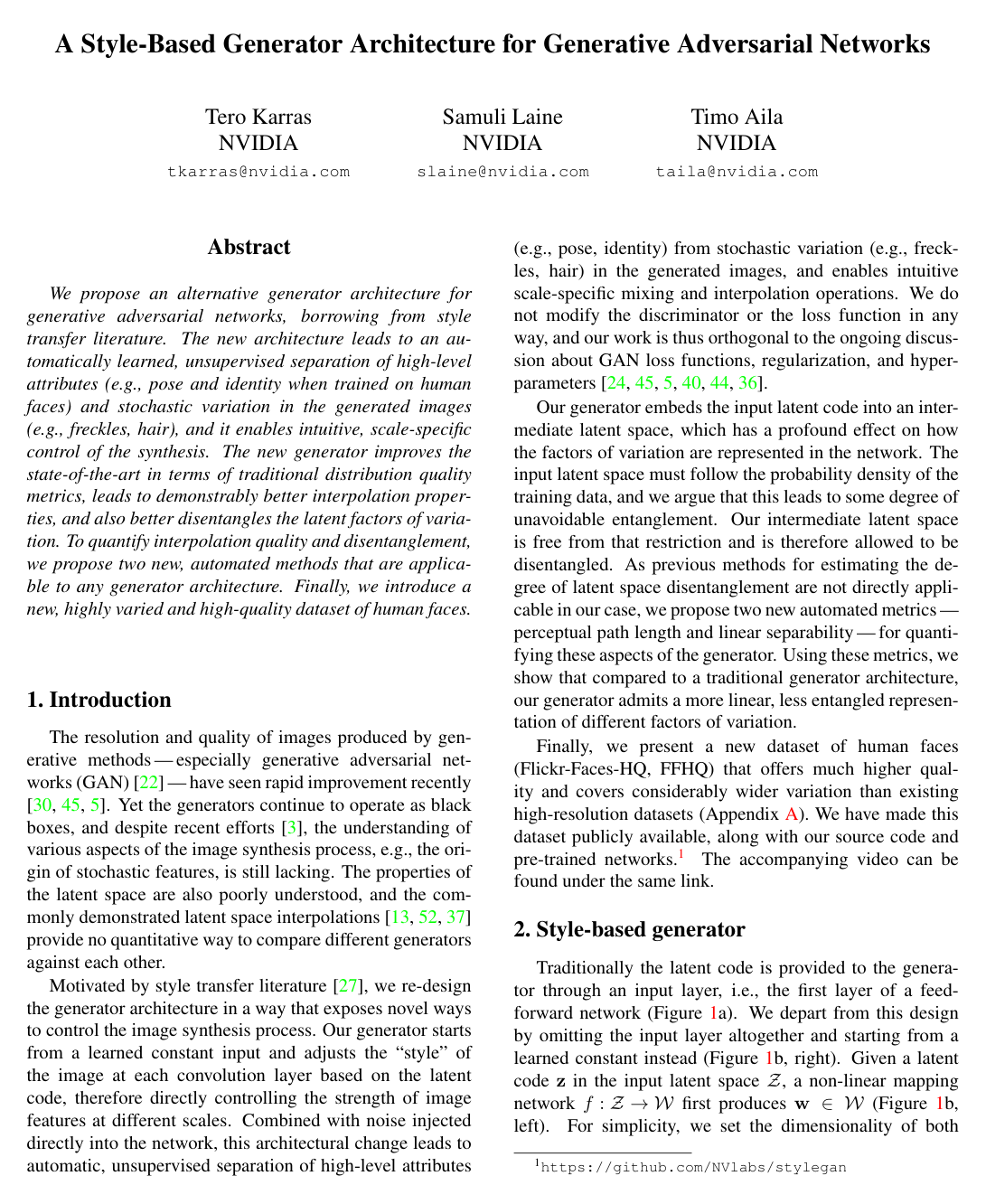 A Style-Based Generator Architecture for Generative Adversarial Networks