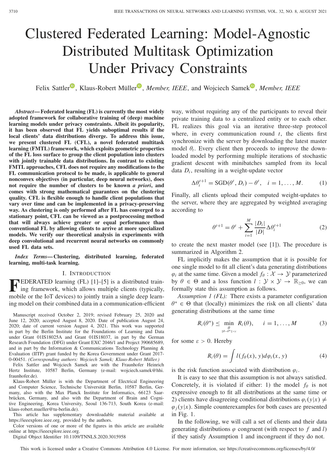 Cover for Clustered Federated Learning: Model-Agnostic Distributed Multitask Optimization Under Privacy Constraints