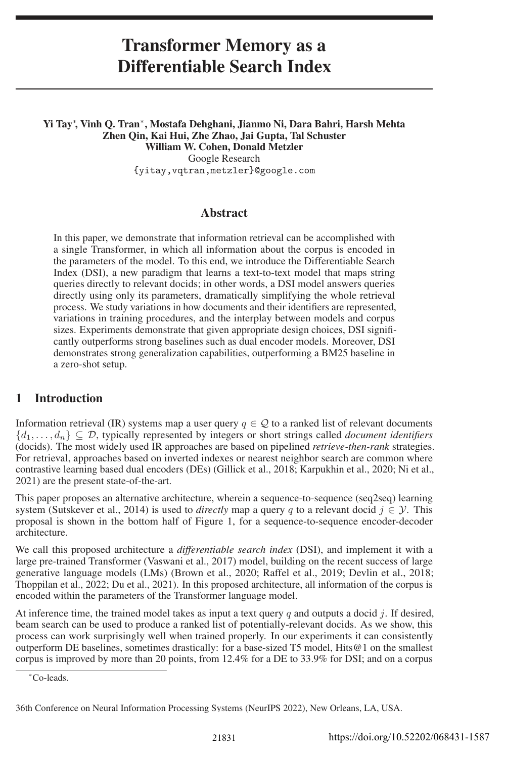 Transformer Memory as a Differentiable Search Index