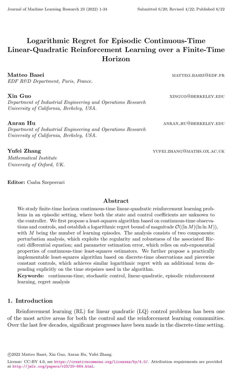 Logarithmic Regret for Episodic Continuous-Time Linear-Quadratic Reinforcement Learning over a Finite-Time Horizon