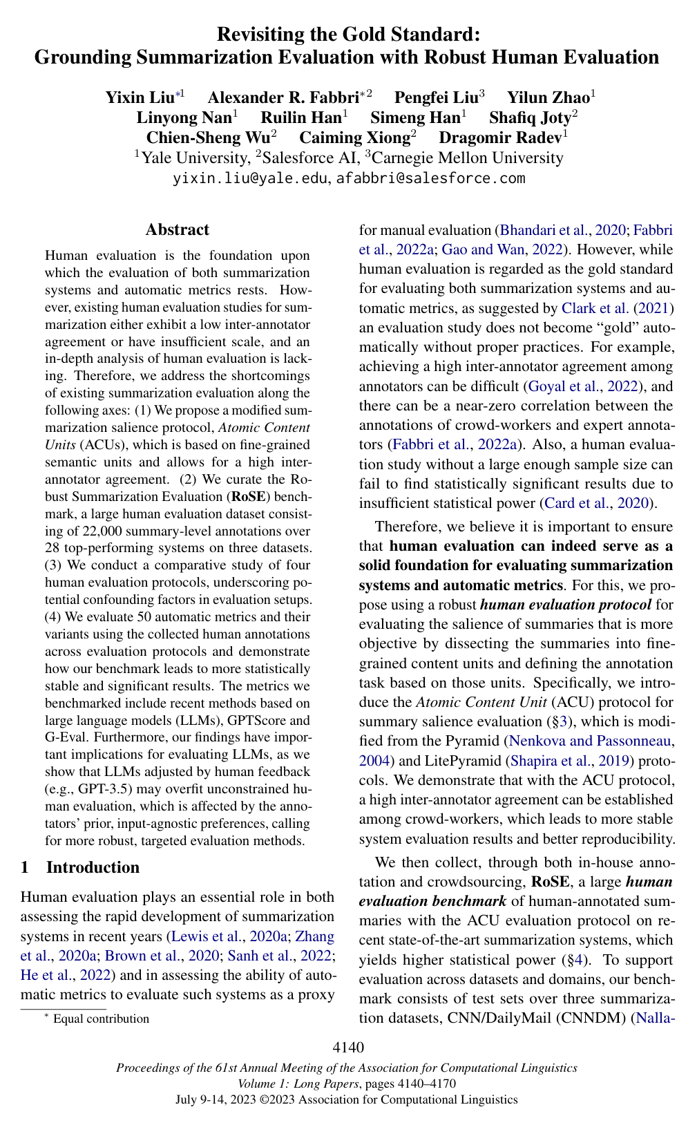 Cover for Revisiting the Gold Standard: Grounding Summarization Evaluation with Robust Human Evaluation