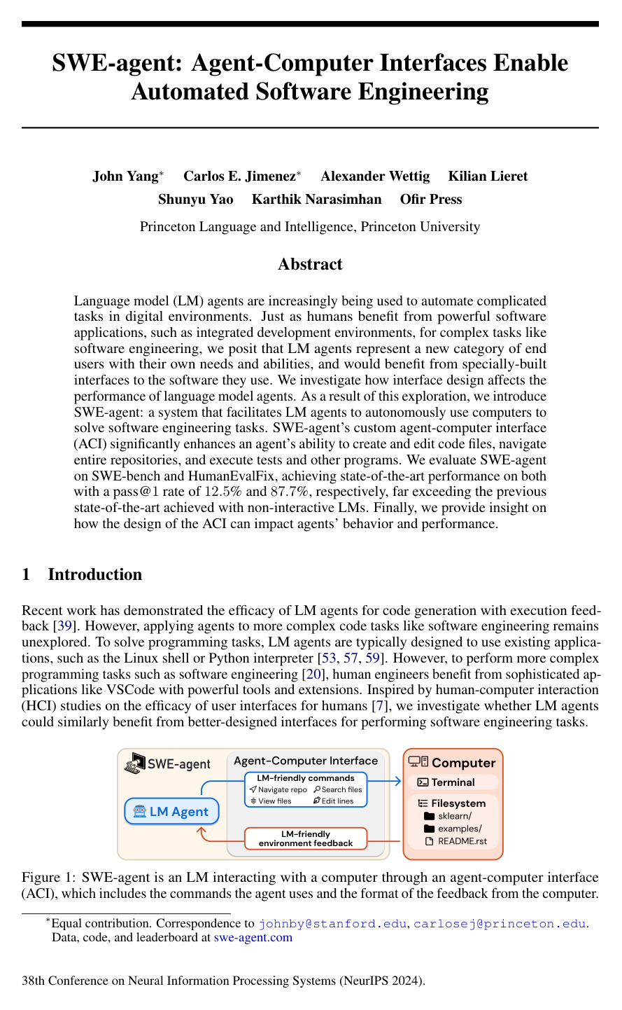SWE-agent: Agent-Computer Interfaces Enable Automated Software Engineering